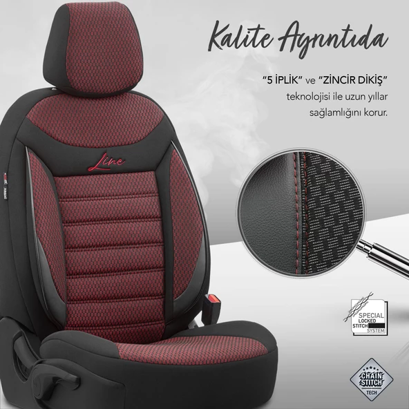 Otom Line Design Ekstra Destekli Oto Koltuk Kılıfı  Siyah-Bordo - 5