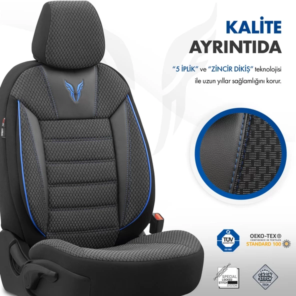 Otom Toro Design Ekstra Destekli Oto Koltuk Kılıfı  Siyah-Mavi - 5