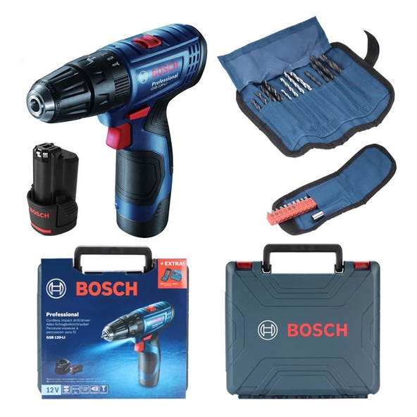 Bosch Professional GSB 120-LI 2x2Ah Akülü Darbeli Delme/Vidalama + 23 Parça Set - 06019G8102