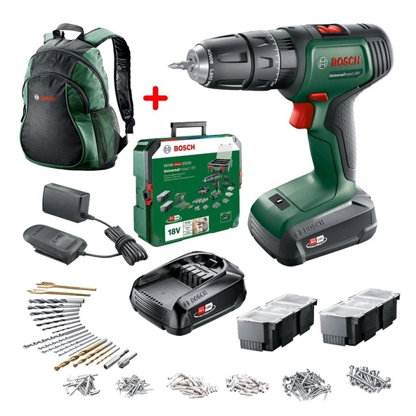 Bosch UniversalImpact 18V Akülü Darbeli Matkap (1,5Ah, Çift Akü) SBX + 241 Aksesuar Setli - 06039D4103 + Bosch Yeşil Sırt Çantası