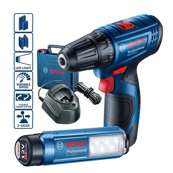 Bosch Professional GSR 120-LI  2 Ah Çift Akülü Tornavida ve GLI 12V-300 Lamba - 06019G8004