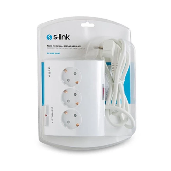 S-Link SPG9-5-15 Akım Koruma ve 2 Adet 2.1A Usb Şarj Soketli Beşli Masaüstü Grup Priz - 18813 - 2