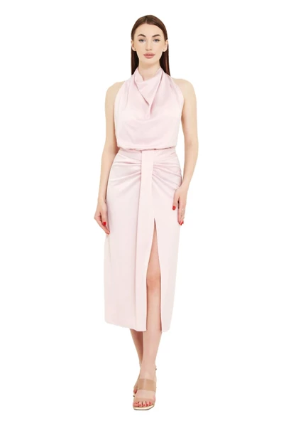 Modatalika Boyundan Bağlamalı Önü Yırtmaçlı Midi Boy Elbise - Resim 7