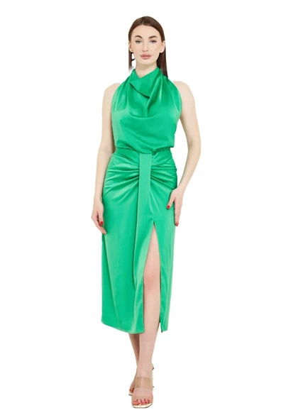 Modatalika Boyundan Bağlamalı Önü Yırtmaçlı Midi Boy Elbise - Resim 5