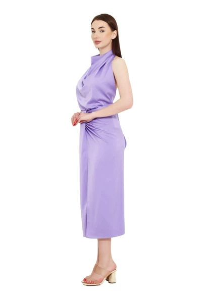 Modatalika Boyundan Bağlamalı Önü Yırtmaçlı Midi Boy Elbise - Resim 2