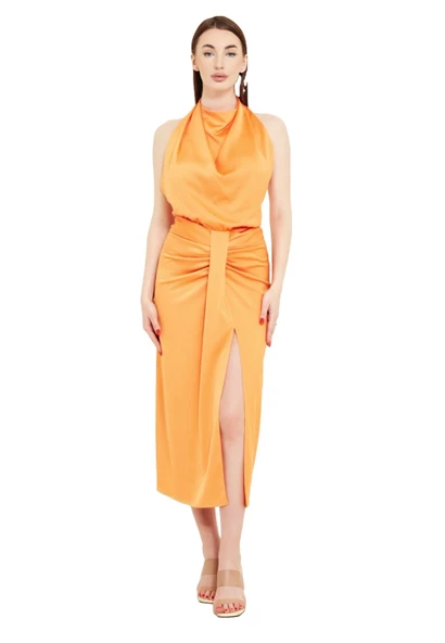 Modatalika Boyundan Bağlamalı Önü Yırtmaçlı Midi Boy Elbise - Resim 9