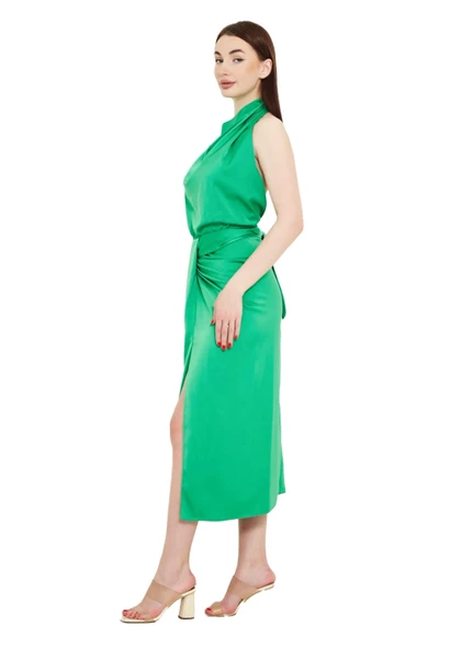 Modatalika Boyundan Bağlamalı Önü Yırtmaçlı Midi Boy Elbise - Resim 6