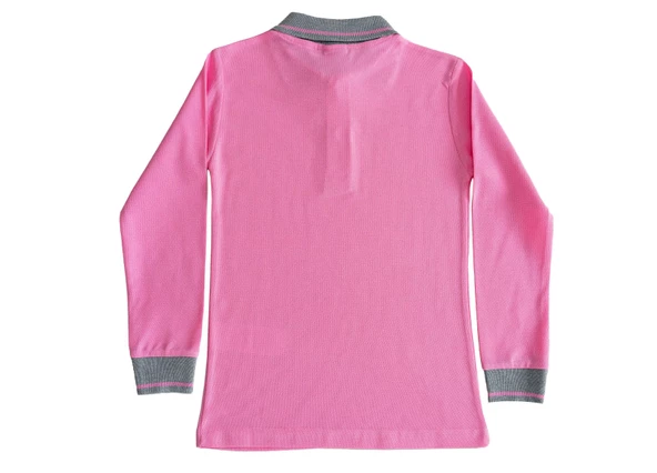 Polo Yaka Tişört çocuk uzun kol gri çizgi yaka pembe Okul Tişört/t-shirt - 2