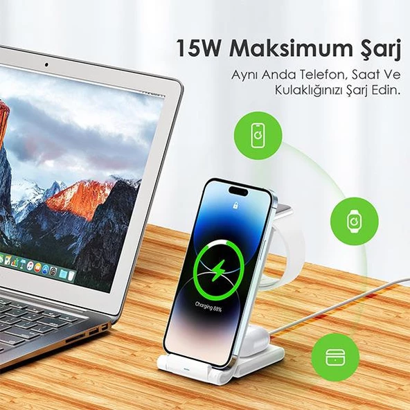 Polham 3in1 15W Katlanilir Telefon, Saat ve Kulaklık için Kablosuz Şarj Aleti, Çift Bobinli Şarj - 2