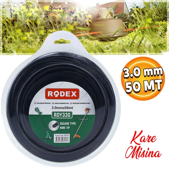 Rodex RDY330 Misina Motorlu Tırpan Kare Misina 3 mm 50 Metre Çim Ot Biçme Teli