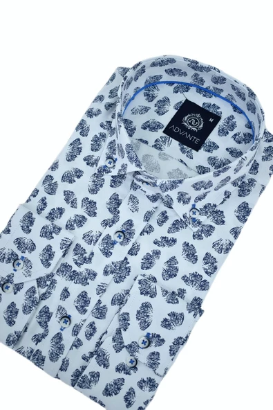 Erkek Silim Fitt Yaprak Baskılı Uzun Kol Gömlek BGL-ST02980 - Resim 9