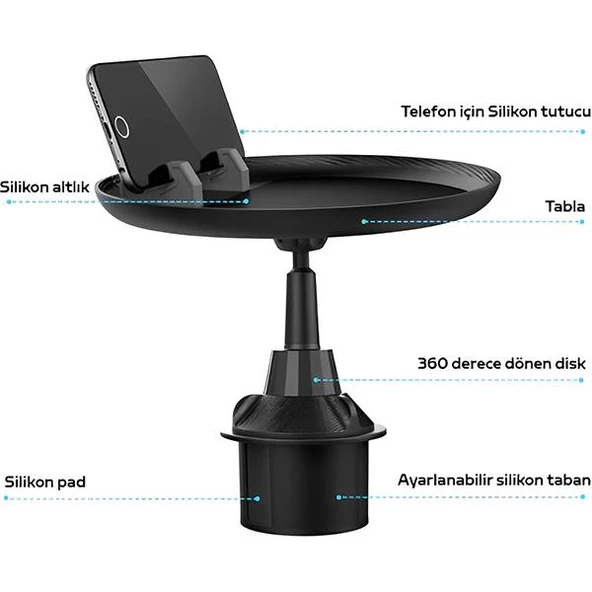 Polham Universal Araç İçi Telefon Tutucu ve Yemek Masası, Bardaklık Yeri Girişli Ayarlanabilir - 3
