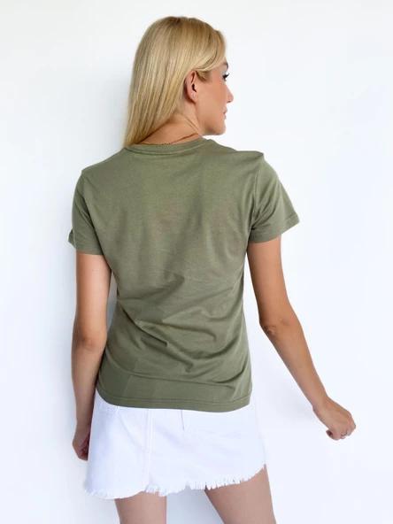 Kadın Baskılı Basic Tişört Haki - Resim 4