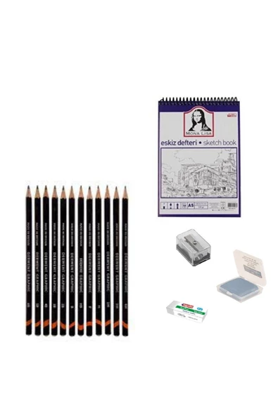 Derwent Eskiz Başlangıç Seti 7 + Dereceli kalem + a5 Defter + Dağıtıcı Set + silgi + Açacak + Hamur silgi