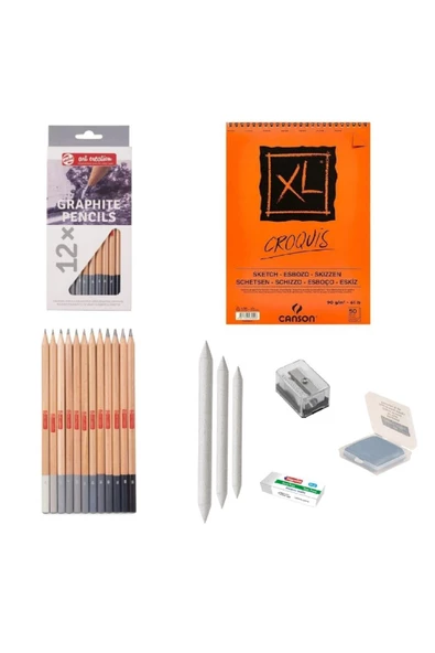 Bruynzeel Eskiz Başlangıç Seti 6 + Dereceli kalem + a5 Defter + Dağıtıcı Set + silgi + Açacak + Hamur silgi