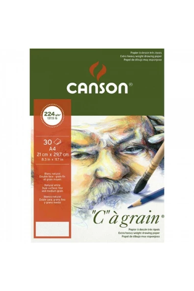 Canson Ca Grain Pad 224gr Doğal Beyaz Çizim Blok 30 Sayfa A4 (21x29.7cm)