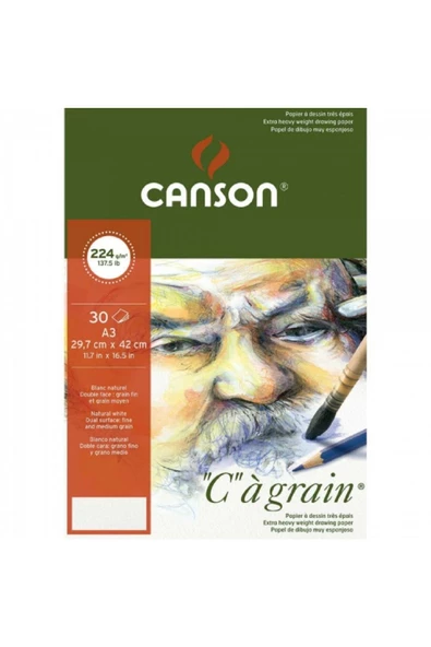 Canson Ca Grain Pad 224gr Doğal Beyaz Çizim Blok 30 Sayfa A3 (29.7x42cm)
