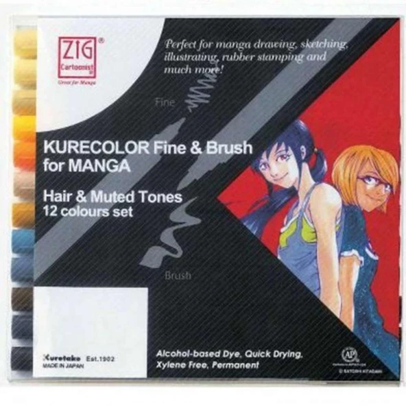 Zig Kurecolor Fine & Brush for Manga Hair & Muted Tones 12'li Set