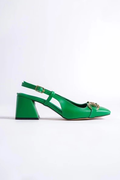 Cenova Yeşil Küt Burunlu Tokalı Arkası Açık Kalın Topuklu Ayakkabı - Resim 2