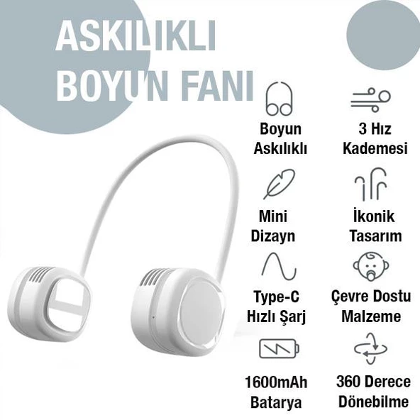 Polham 1600mAh Şarjlı Ayarlanabilir Boyun Askılı Şık Görünümlü Boyun Vantilatörü, Askılıklı Mini Fan - 2