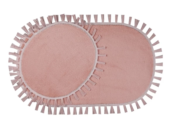 Modern Dekoratif Yıkanabilir Peluş Puffy Kaymaz Taban Oval Püskül Saçaklı 2'li Banyo Paspası 50x80 - 11