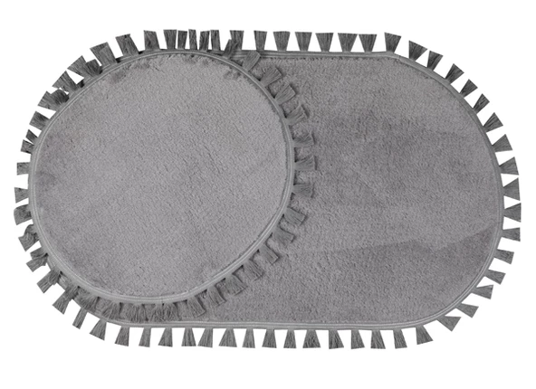 Modern Dekoratif Yıkanabilir Peluş Puffy Kaymaz Taban Oval Püskül Saçaklı 2'li Banyo Paspası 50x80 - 2