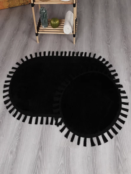 Modern Dekoratif Yıkanabilir Peluş Puffy Kaymaz Taban Oval Püskül Saçaklı 2'li Banyo Paspası 50x80 - 7