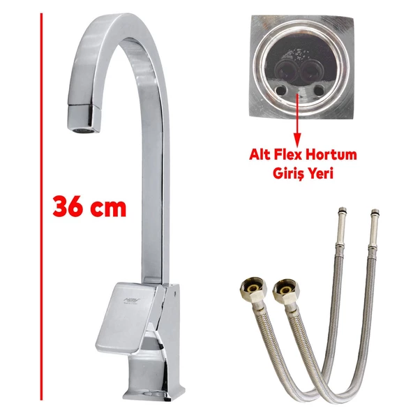 Kuğu Mix Uzun Banyo Lavabo Musluğu Eyve Sıcak Soğuk Çift Su Girişli Çeşmesi Bataryası 36 cm - 2