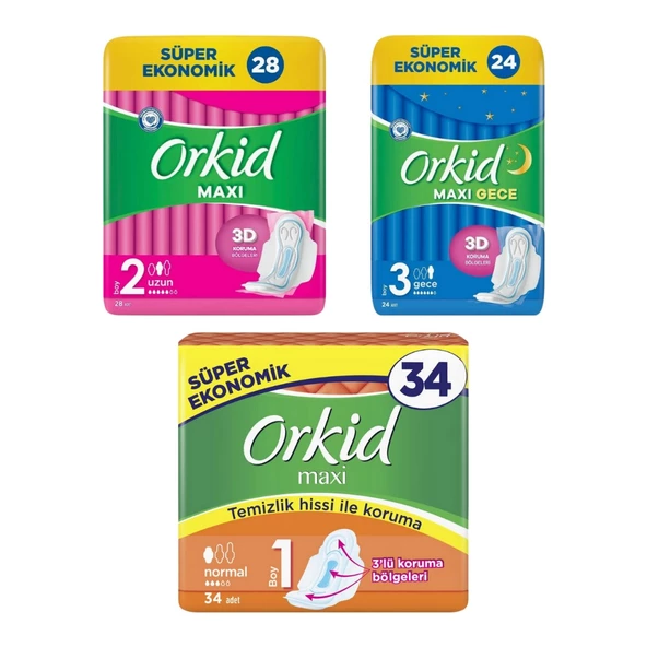 Orkid Maxi Uzun 28 Adet + Orkid Maxi Gece 24 Adet + Orkid Maxi Normal 34