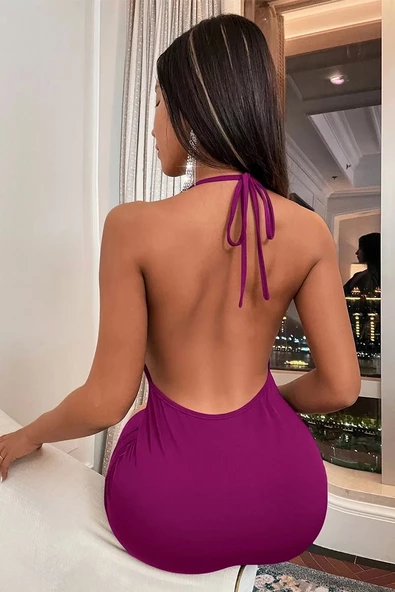 Fuşya Sırt Dekolteli Mini Elbise - 2