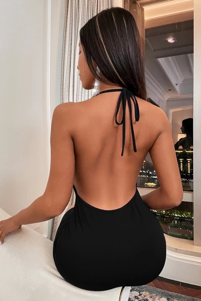 Siyah Sırt Dekolteli Mini Elbise - 2