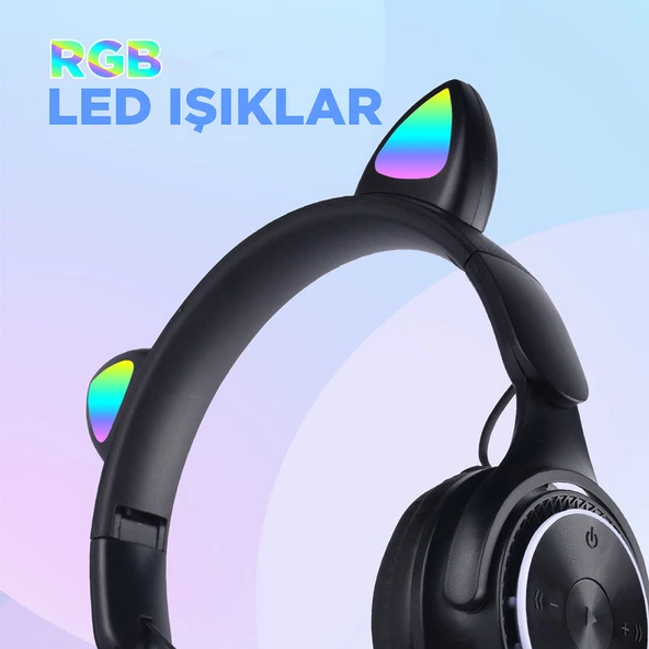 M6 Pro Cat RGB Led Işıklı Kedi Kulağı Band Tasarımlı Ayarlanabilir ve Katlanabilir Kulak Üstü Bluetooth Kulaklık - 9