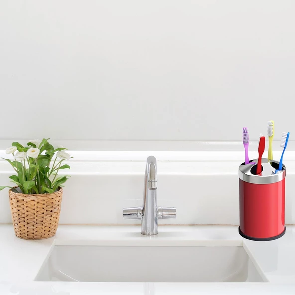 Set Üstü Diş Fırçalık Banyo Metal Diş Fırçası Kabı Kutusu Kırmızı - 4