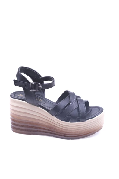 Papuç Sepeti Spr 514 Kadın 9 Cm Dolgu Topuklu Cilt Sandalet - 2