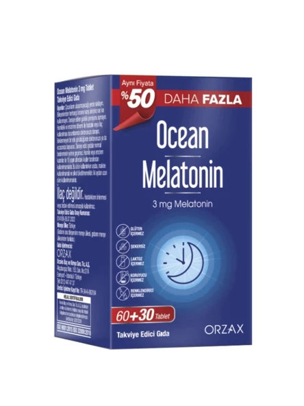 Ocean Melatonin Takvye edici Gıda 3 mg 60+30 Tablet (%50 Daha Fazla)