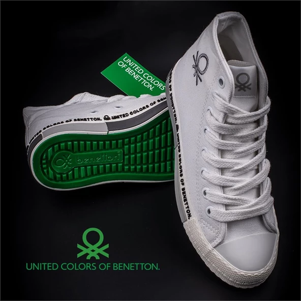 Benetton Gri Beyaz Uzun Kadın Keten Spor Ayakkabı BN 70021 - Resim 4