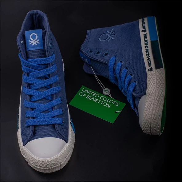 Benetton Mavi Beyaz Uzun Kadın Keten Spor Ayakkabı BN 70021 - Resim 5