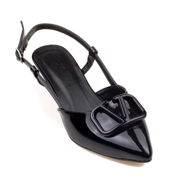 M2S Siyah Kadın Rugan Fındık Topuk Sivri Burun Klasik Terlik - 4