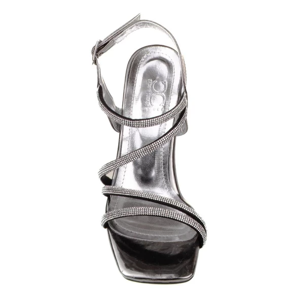 M2S Platin Şeffaf Topuk Bilek Taşlı Kadın Şık Abiye Ayakkabı - Resim 5