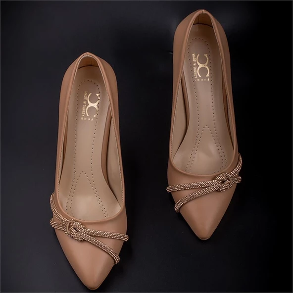 M2S Sütlü Kahve Taş Detaylı Kadın Klasik Ayakkabı - Resim 7