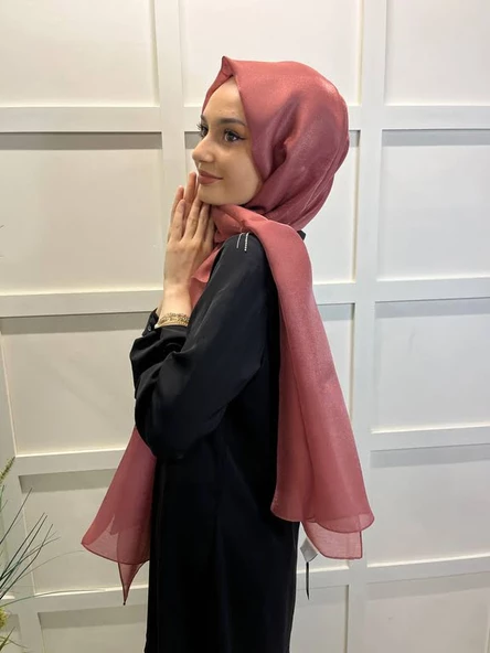 Siyane Scarf Tül Görünümlü Şal - Pırlanta Abiye Düğünlük Şal 00790  GÜL KURUSU - 1
