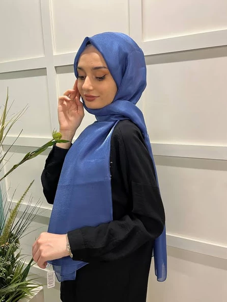 Siyane Scarf Tül Görünümlü Şal - Pırlanta Abiye Düğünlük Şal 00790  İNDİGO - Resim 2