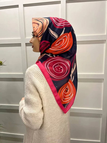 Eflatun Scarf Pamuklu (Cotton) Minimal Çiçek Desenli Eşarp 00747  LACİVERT FUŞYA - Resim 3