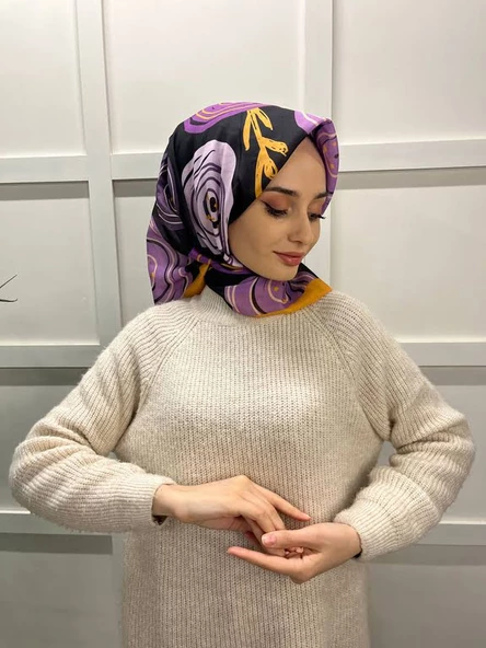 Eflatun Scarf Pamuklu (Cotton) Minimal Çiçek Desenli Eşarp 00747  HARDAL ürün görseli