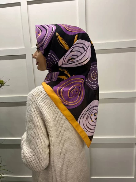 Eflatun Scarf Pamuklu (Cotton) Minimal Çiçek Desenli Eşarp 00747  HARDAL - Resim 3