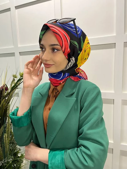 Eflatun Scarf Pamuklu (Cotton) Minimal Çiçek Desenli Eşarp 00747  KIRMIZI - 2