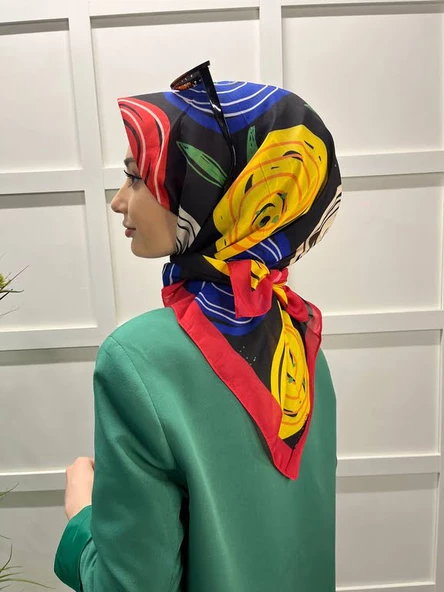 Eflatun Scarf Pamuklu (Cotton) Minimal Çiçek Desenli Eşarp 00747  KIRMIZI - 3