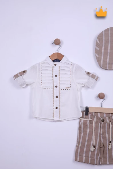 Babyhola Şapkalı Keten Gömlek Şort Erkek Çocuk Takım 2709 - 6