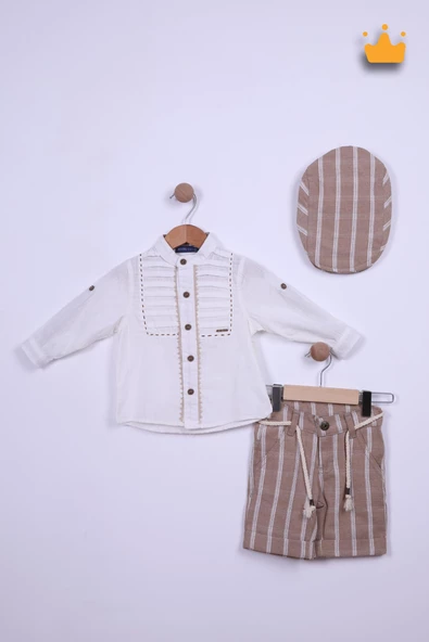Babyhola Şapkalı Keten Gömlek Şort Erkek Çocuk Takım 2709