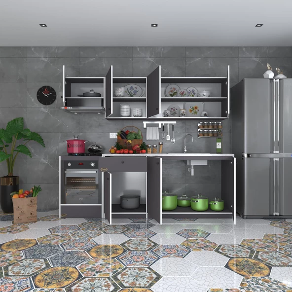 Kenzlife hazır mutfak seti nayakan gri 240 cm genişlik üst tezgahsız ankastre fırın modüllü - Resim 2